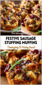 Golden sausage and cranberry stuffing muffins baked in muffin tins, perfect Thanksgiving appetizers.